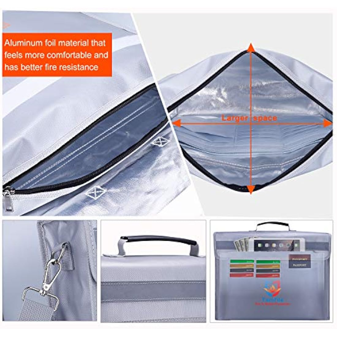 Tamfile 4200℉ Fireproof Document Bag, 16"×12"×5" Large Capacity Water Resistant Document Box A4 with Zipper Upgraded Silicone Coated Fiberglass Fireproof Safety Box for Home, Cash, Valuable, Jewelry