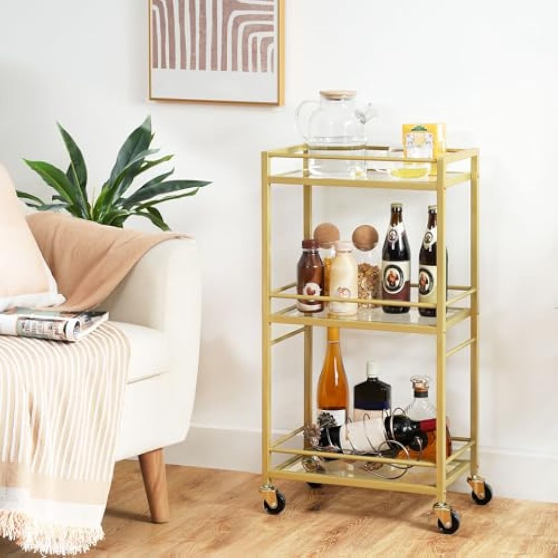 MAHANCRIS 3 Tier Bar Cart for Home, Kitchen Storage Island Serving Cart on Wheels, Tempered Glass Trolley, Rolling Beverage Cart for Bar, Dining Room, Gold ARCJ40B01