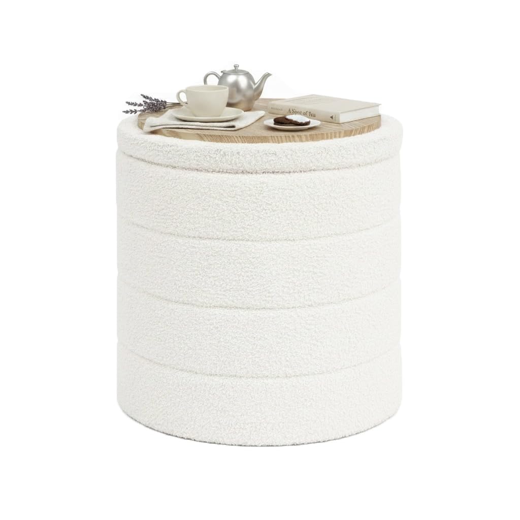 Bonlife Boucle Ottoman Storage, Foot Rest Stool Seat, Folding Footstool for Living Room, Sherpa Ottoman for Bedroom, Cream, 43x43x45 cm