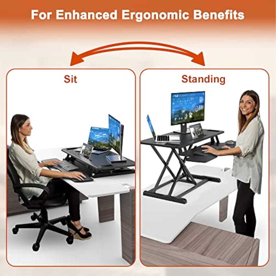 PUTORSEN 37.4 inch Standing Desk Converter, Height Adjustable Ergonomic Adjustable Sit Stand Desk Converter with 37.2 inch Keyboard Tray and Tablet Slot, Black
