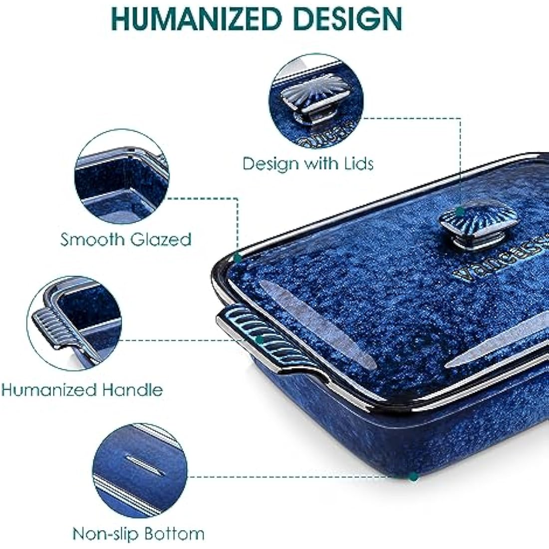 vancasso Starry 3.8 Quart Casserole Dish, Large Lasagna pan with lid, 9x13 inch Stoneware Casserole with lid, Microwave Safe, Blue