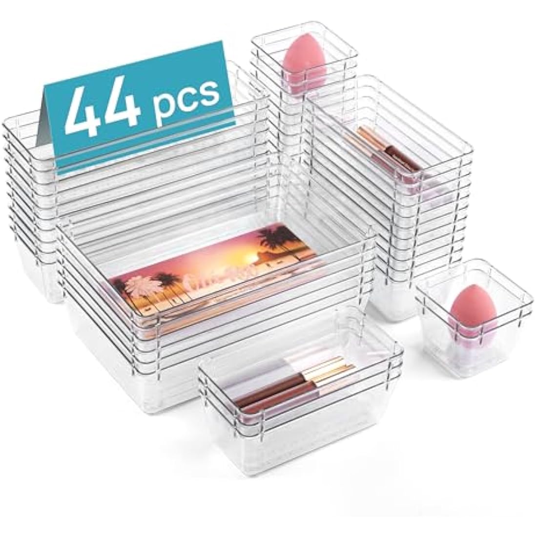 Vtopmart 44 Pack Drawer Organiser, 4-Size Desk Organiser Drawers, Clear Plastic Storage Bins for Makeup, Bedroom, Kitchen Gadgets Utensils and Office