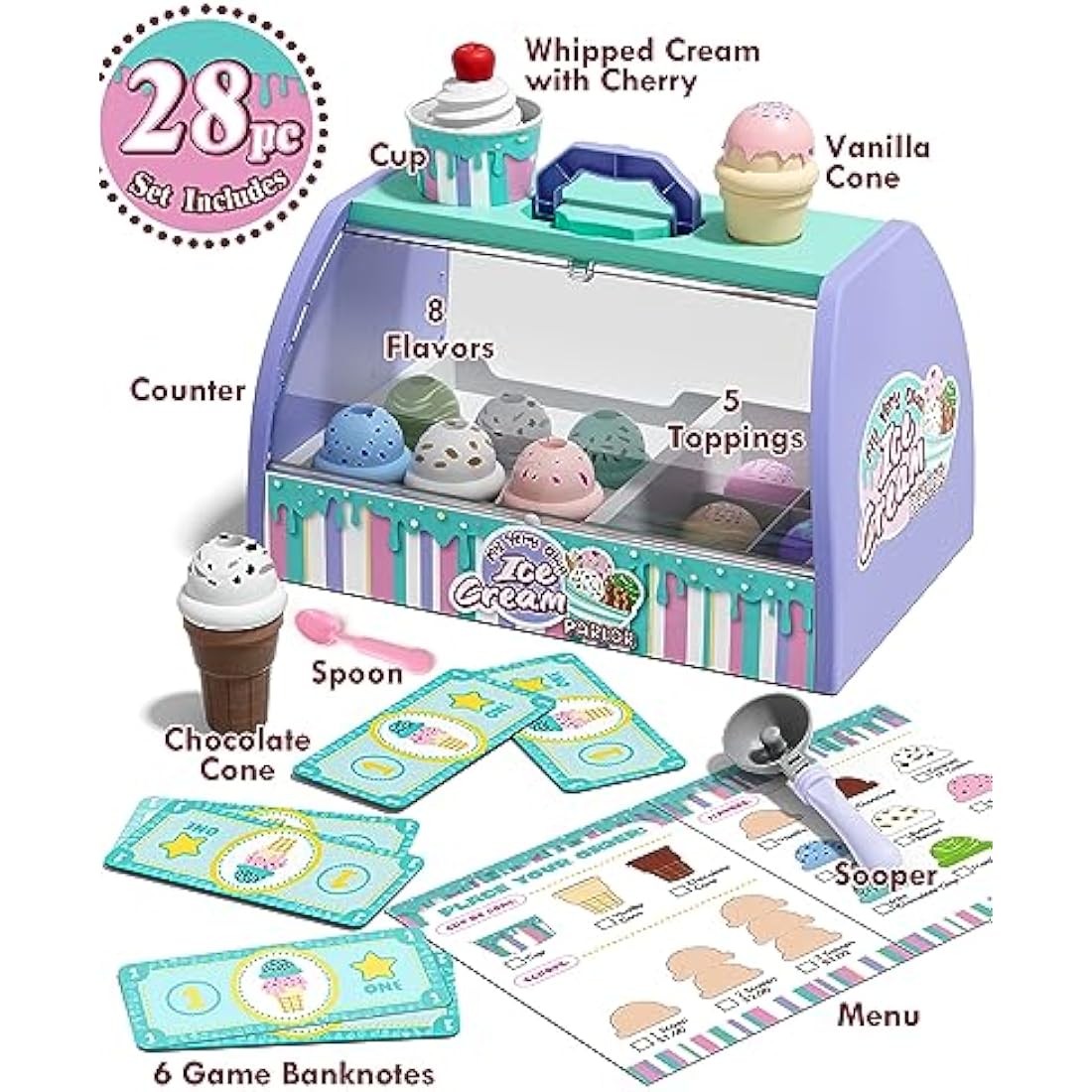 Lehoo Castle Ice Cream Toys for Kids, Ice Cream Toy for Girls and Boys Age 3+, Toy Ice Cream Set, Ice Cream Shop Role Play Kids Toy Food Gift for 3 Year Old Boy or Girl, XG3-1, Purple