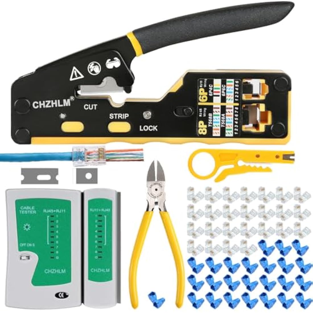 RJ45 Crimping Tool Kit Rj45 Crimper Stripper Cutter All-in-One Pass Through Crimper for 8P RJ45 Cat5 Cat5e Cat6 Cat6a 6P RJ11/12 Telephone Connectors with 50Pcs Connectors 50Pcs Covers Mini Stripper