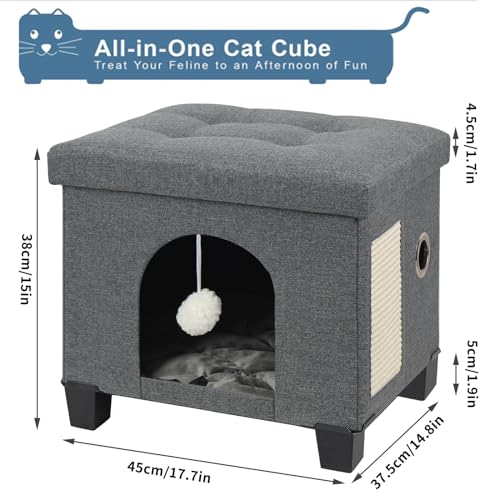 BRIAN & DANY Large Cat Cave for Indoor Cats, Multifunctional Cube Cat House with Cat Scratch Board & Ball, Cat Bed, 45 x 37.5 x 38 cm, Gray