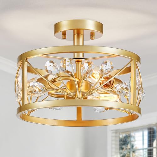 WUZUPS Crystal Leaf Chandelier 3-Light Vintage Farmhouse Industrial Semi-Flush Mount Ceiling Light Modern Lighting Fixture Foyer Hallway Storage Room Kitchen Bathroom, H 22 W 30, Gold