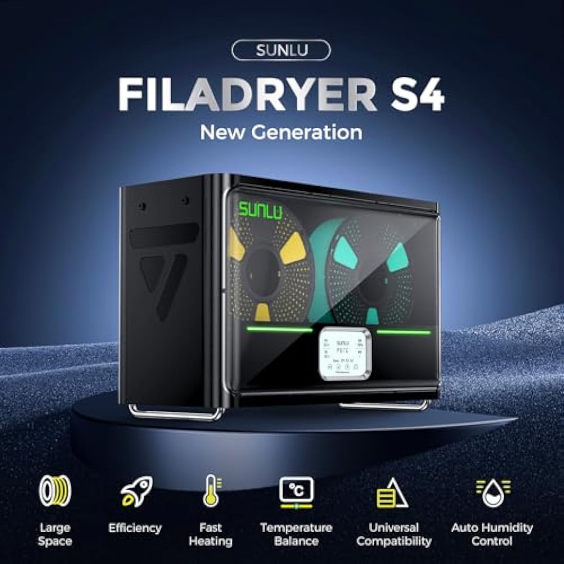 SUNLU Official Filament Dryer S4, 2025 Newest 3D Printer Filament Dry Box, Upgraded 4-Spool Filament Dehydrator, Auto Humidity Control, Fast Heating, Temperature Balance, Filaments Storage Box