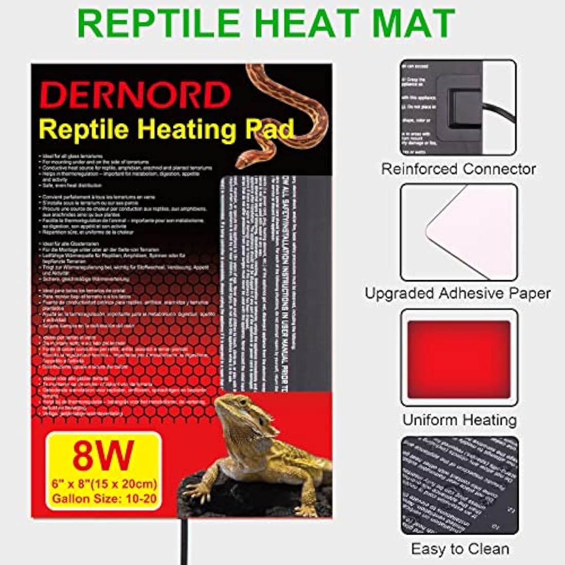 DERNORD Heat Mat with Thermostat - 8W Heat Mat Reptile and Digital Thermostat Combo Set for Snake Vivarium Bearded Dragon Lizard Tank