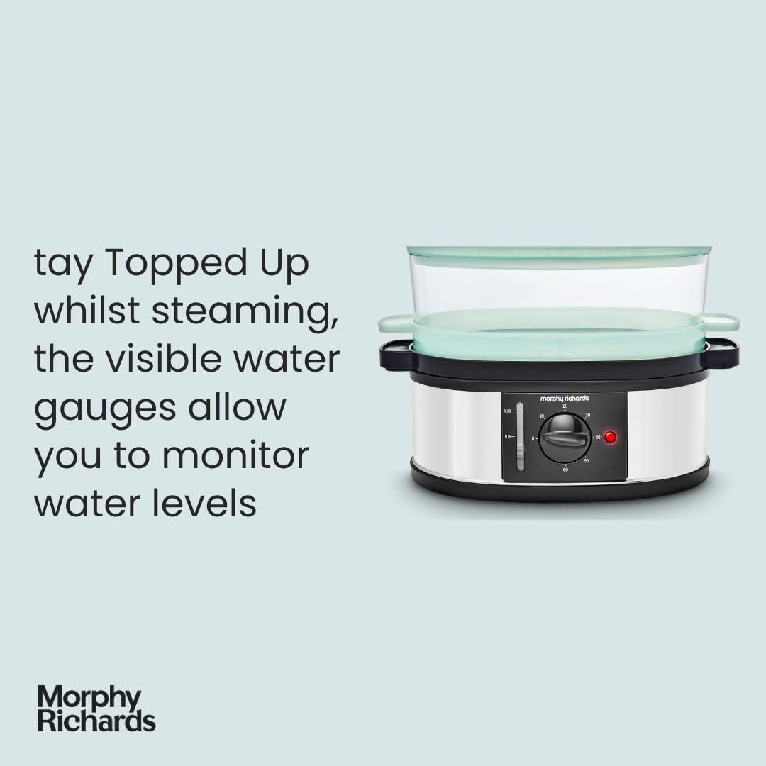 Morphy Richards 3 Tier Food Steamer, 9L, 60 Minute Timer with Bell, Instant Steam Production, Visible Water Gauge, Rice Tray, 750W, Stainless Steel,