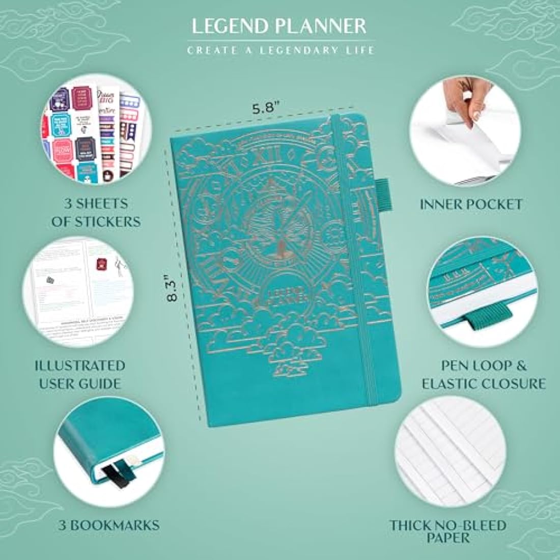 Legend Planner Hourly Schedule – Weekly & Daily Organizer with Time Slots. Appointment Book Journal for Work, Undated, A5 (Viridian Green)