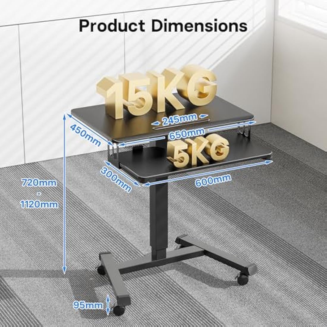 BONTEC 65 × 45cm Two-Tier Mobile Computer Workstation with 4 Rolling Castors, Laptop Stand on Wheels, Height Adjustable Standing Desk, Side Table for Living Room, Bedroom, Medical