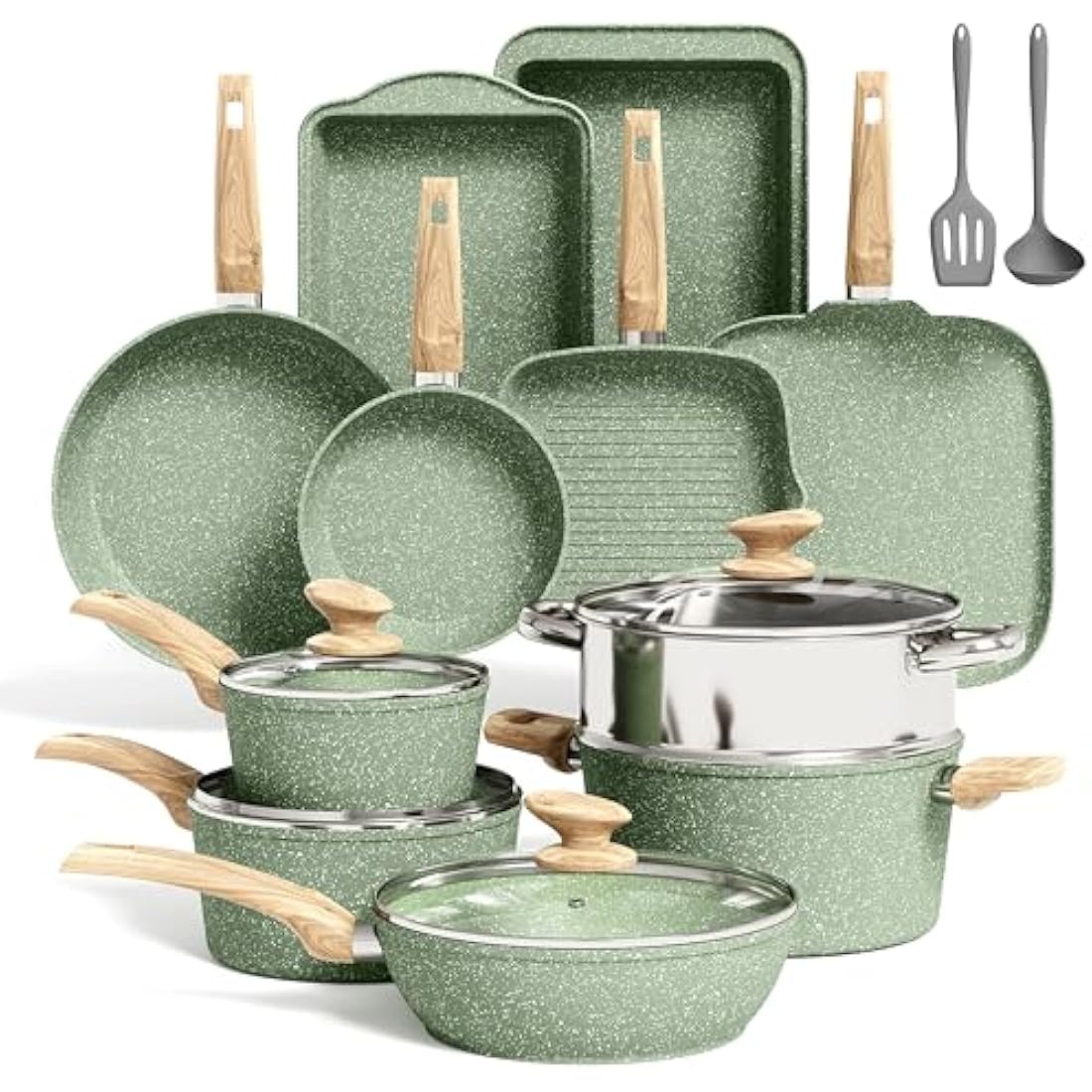 Kitchen Academy 17 Pcs Pots and Pans Set Non Stick, Induction Kitchen Cookware Set, Green Healthy Nonstick Granite Coated Saucepans Frying Pans Set, PFOA & PFOS Free