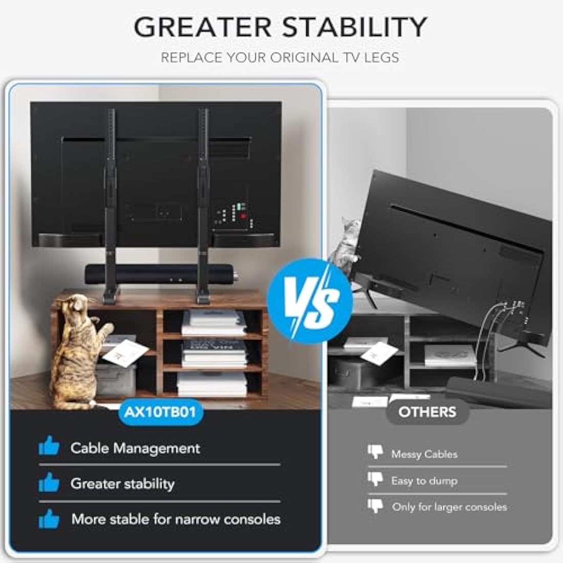Universal Table Top TV Stand Base Replacement for Most 24 to 86 Inch LCD LED TVs, 7 Height Adjustable TV Legs with Cable Management Hold up to 68kg, Max VESA 800x600mm, Black AX10TB01