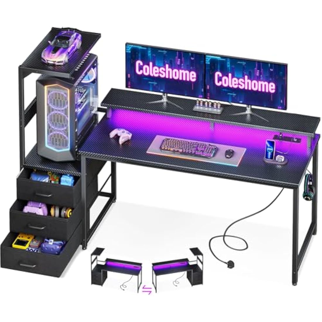 Coleshome 150×50 cm Gaming Desk with LED Lights & Power Outlet, Reversible Computer Desk with Drawers, Gaming Table with Storage & Monitor Stand, Carbon Fiber Black