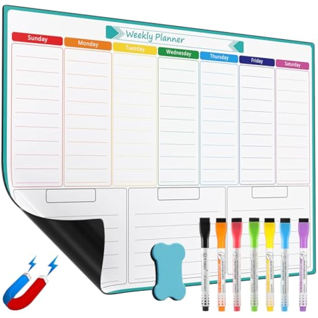 KTRIO Weekly Planner Whiteboard A3 Magnetic Whiteboard for Fridge Dry Wipe Meal Planner Memo Board Weekly Family Planner Reminder Board for Task Planning or Event Reminder