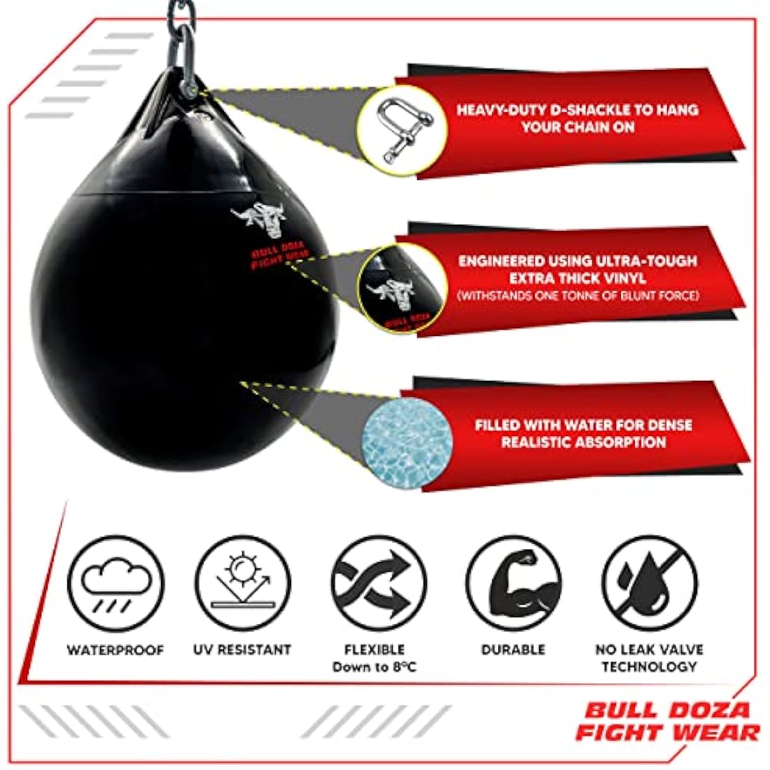 Bull Doza Fight Wear Pro Water Punch Bag - Heavy Durable Waterproof - Three Sizes