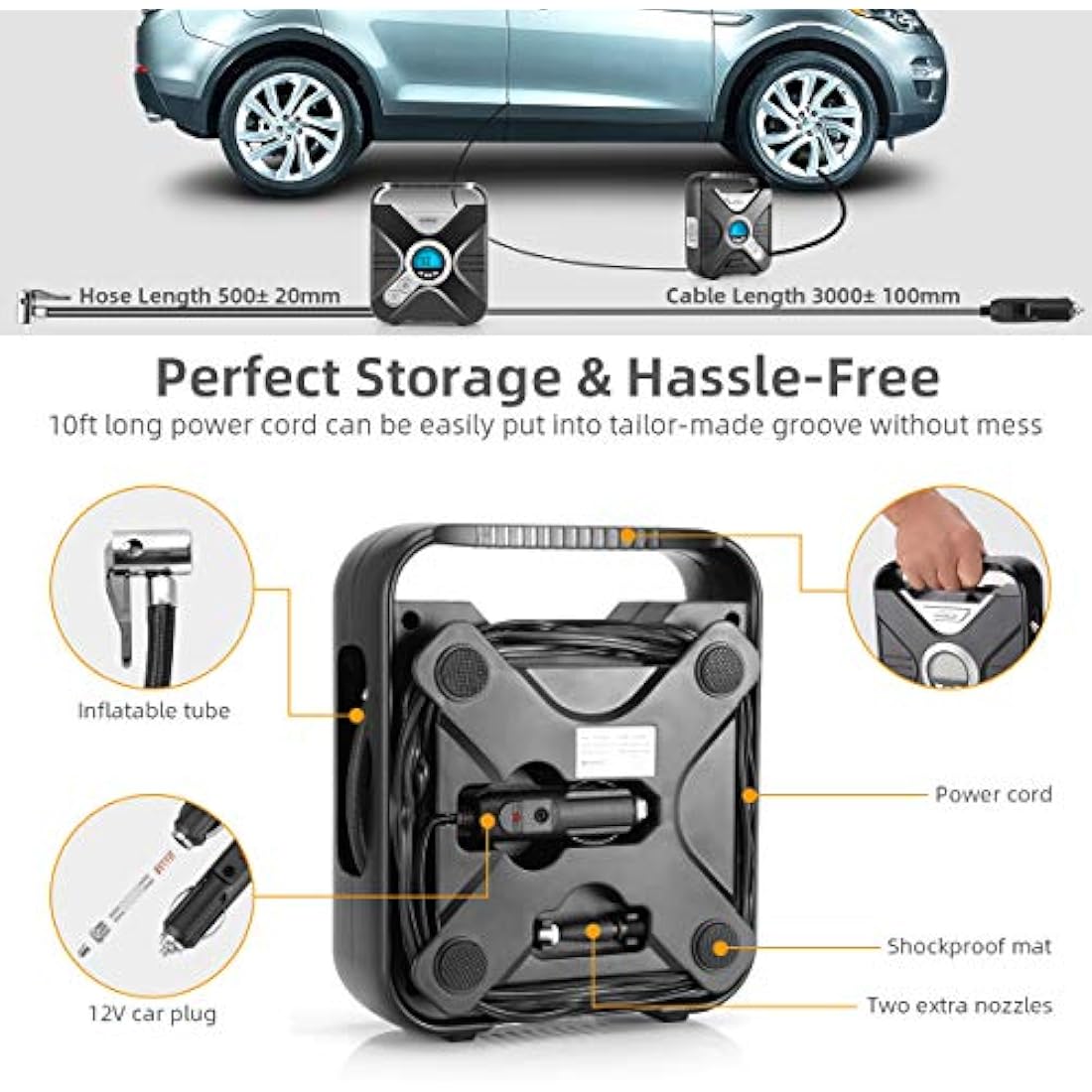 WindGallop Car Tyre Inflator Air Compressor Tyre Pump 12V Electric Car Air Pump for Car Tyres Bike Tyres with Digital Tyre Pressure Gauge and Inflator Valve Adaptors LED Light