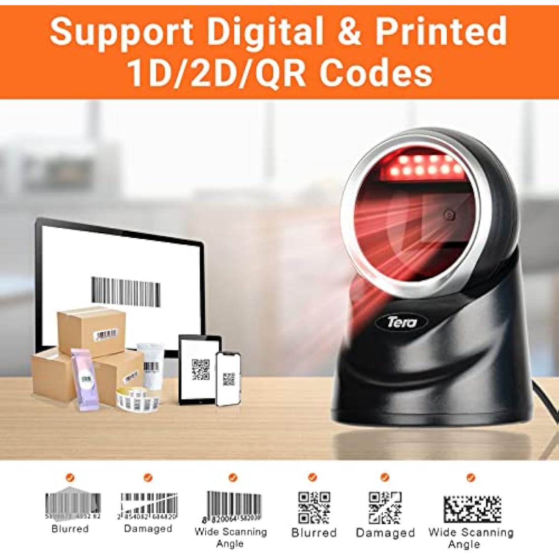 Tera Pro 2D QR Desktop Barcode Scanner Omnidirectional Adjustable Scan Head, USB Wired Handsfree Platform Automatic Bar Code Reader for Market Retail Store Phone Screen Payment, 9100