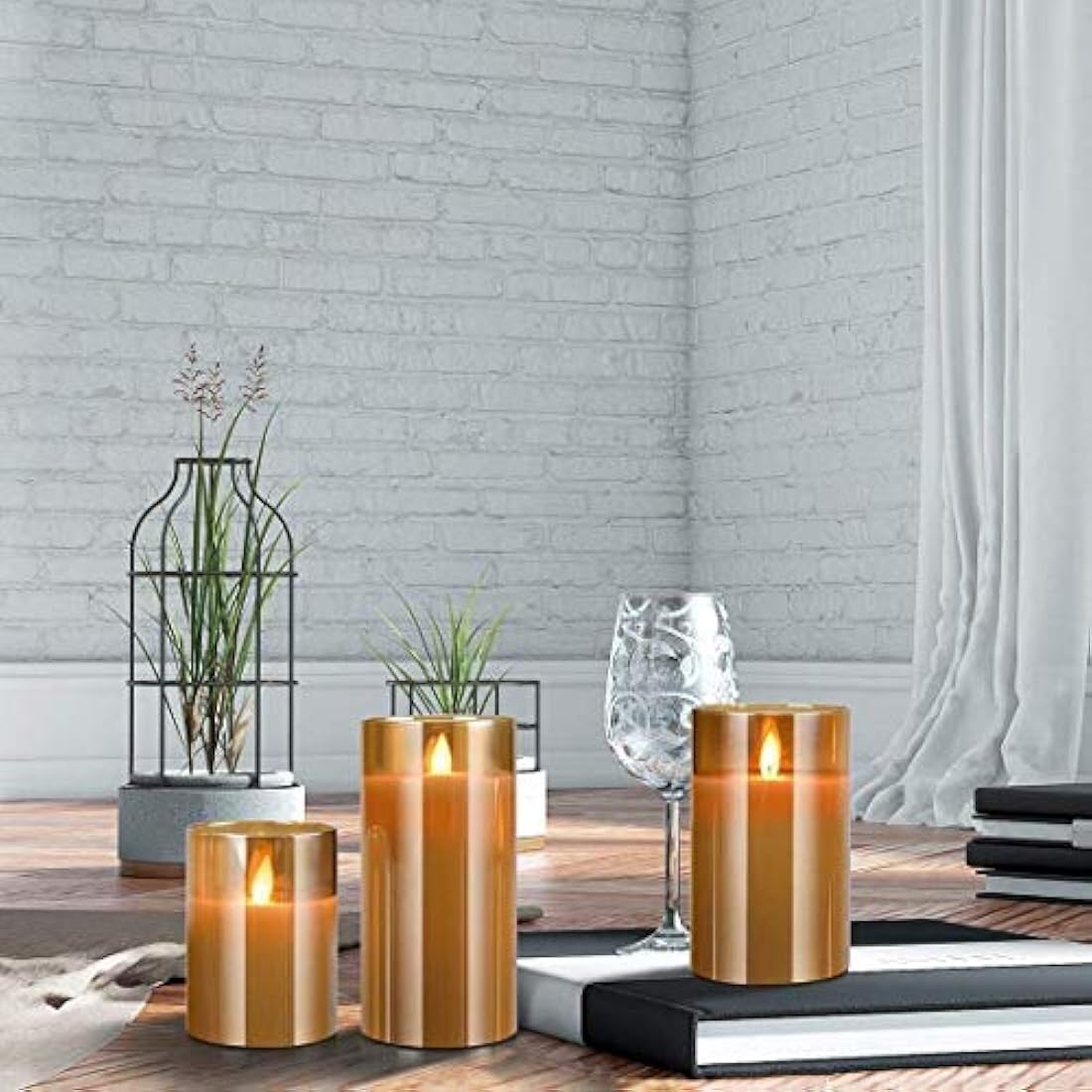 Led Flameless Candles, Battery Operated Flickering Candles Pillar Real Wax Moving Flame Electric Candle Sets Gold Glass Effect with Remote Timer, 4 in, 5 in, 6 in, Pack of 3 (Brown Glass)