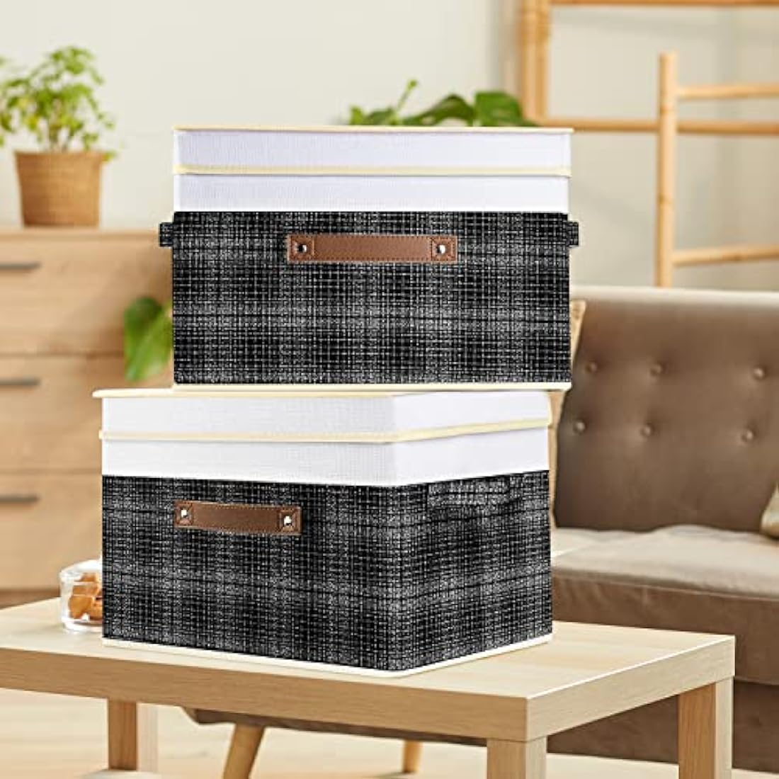 TYEERS Collapsible Storage Box with Lid, Patchwork Design, Decorative, Fabric Storage Box for Clothes, Wardrobe Storage, 38x25x25 cm, Set of 5, Black