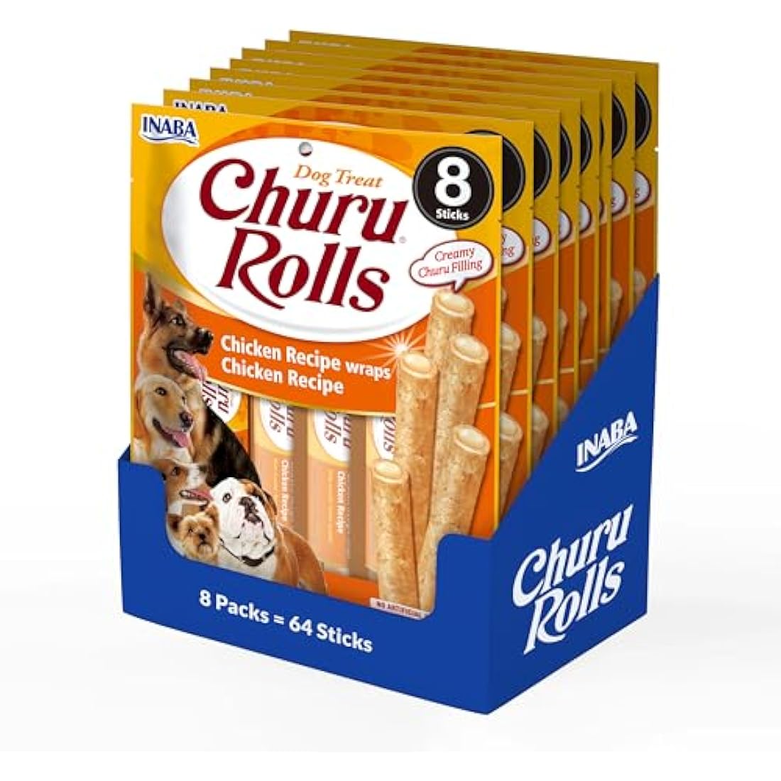 Churu Bites by INABA Dog Treat - Chicken Flavour 8 Pack (64 x 12g total) / Crispy Pouches with Creamy Filling Dog Treat, Delicious & Healthy Snack for Dogs, Training Treat, Natural, Grain Free