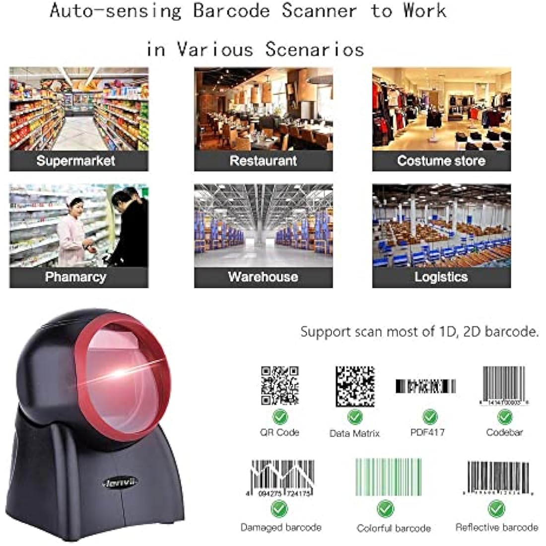LENVII Desktop Barcode Scanner 2D Handsfree Barcode Reader QR Code Scanner Automatic Bar Code Scanners use for Warehouse, Supermarket, Retail Store, Bookstore POS System