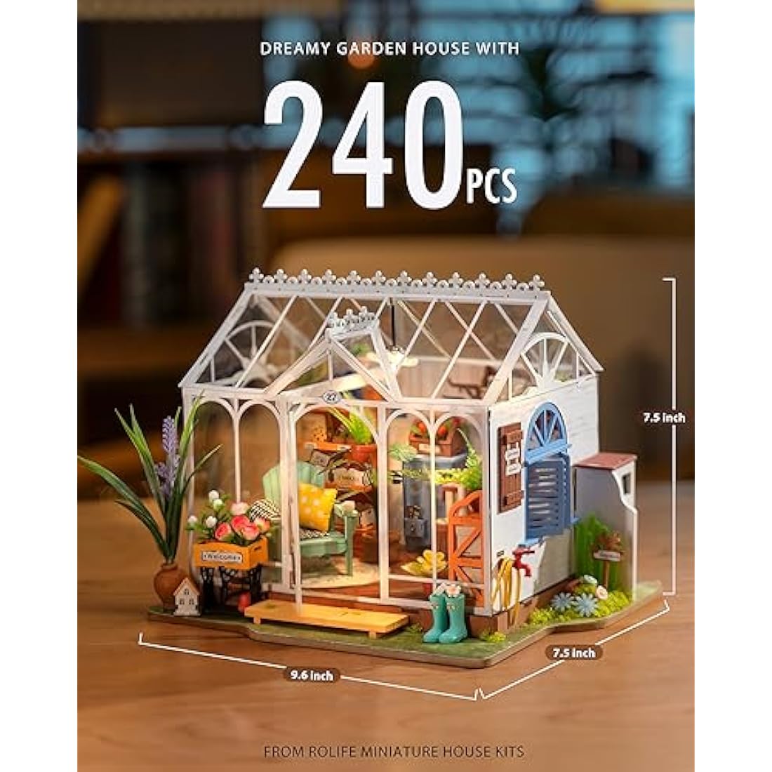 ROBOTIME DIY Miniature House Kit Garden House | Wooden Dollhouse Model Building Kit with LED for Adults and Children | Holiday Birthday Gift