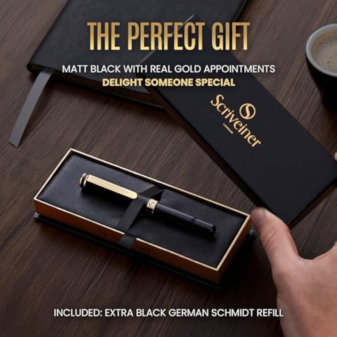 Scriveiner Black Rollerball EDC Luxury Pen, Stunning Pocket Pen, Real Gold Plating, Cool Writing Pen, Best Pen Gift for Men, Women, German Schmidt Refill, Nice Present, Fancy Office Designer Pen Set