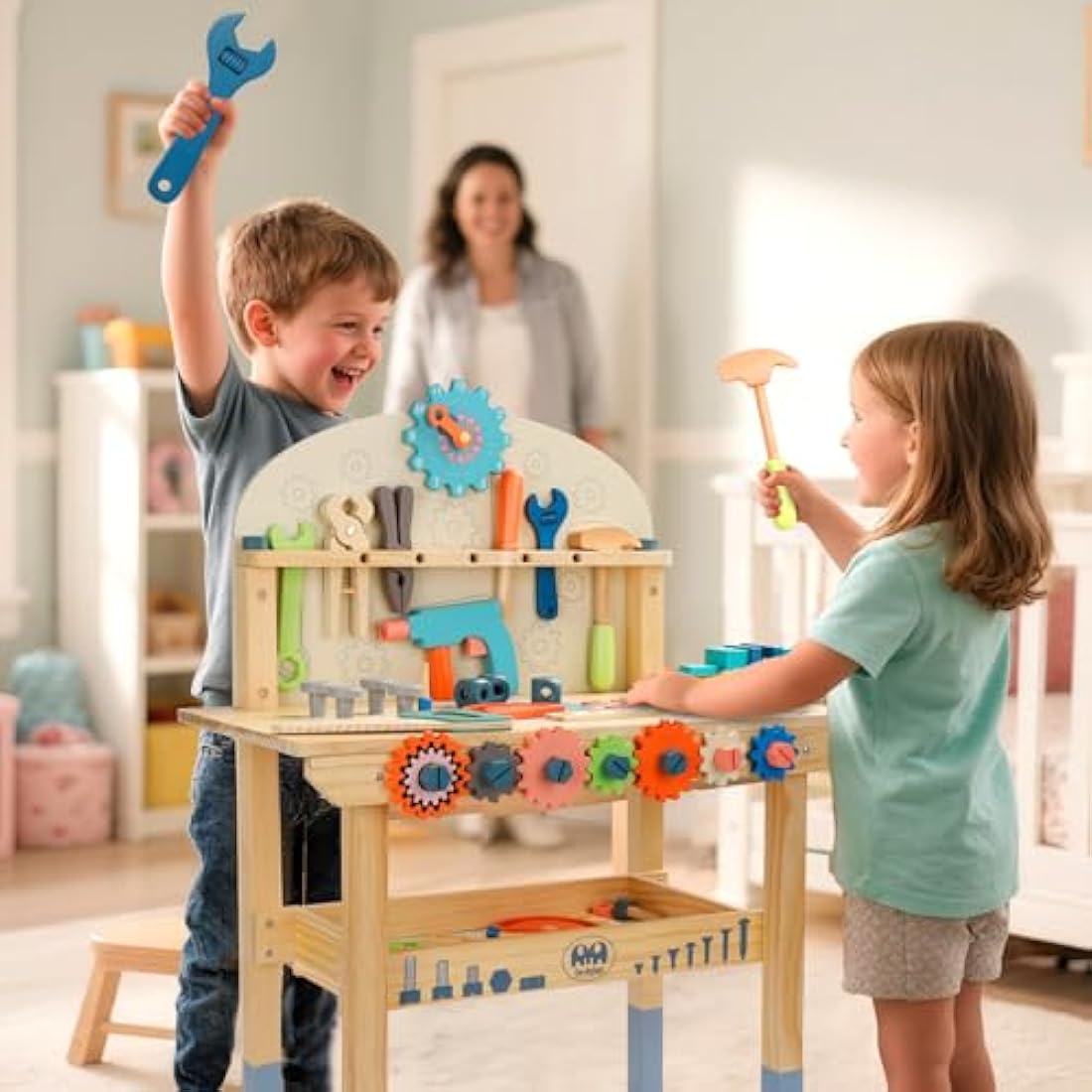 Tool Bench for Kids Toy Play Workbench Wooden Tool Bench Workshop Workbench with Tools Set Wooden Construction Bench Toy for 3 4 5 Year Old Boys and Girls