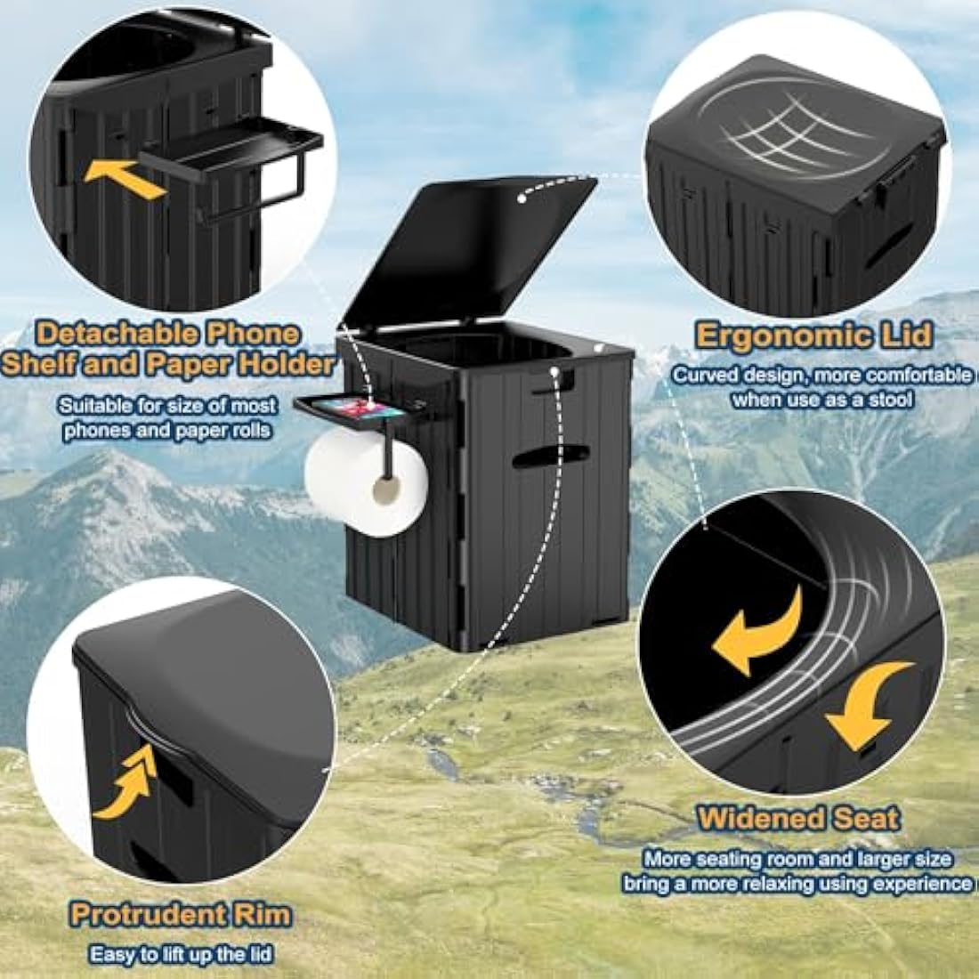 WADEO Extra-Large Camping Foldable Toilet, Heavy-Duty Portable Potty for Adults with Bigger Comfortable Seat & Sturdy Support, Travel WC for Heavy People, Big Guy, Elderly