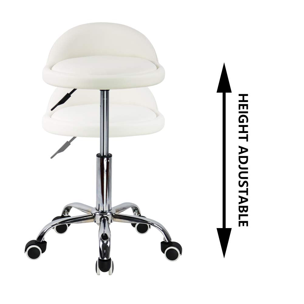KKTONER PU Leather Round Rolling Stool with Back Rest Height Adjustable Swivel Drafting Work SPA Task Chair with Wheels (White)