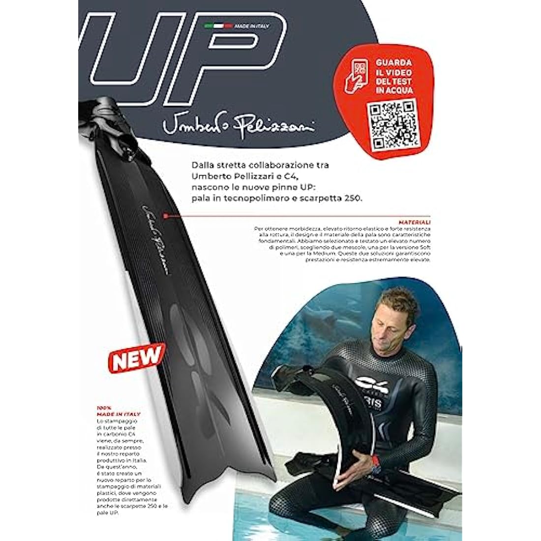 Umberto Pelizzari C4 Fins - Soft Shovel and Medium Technopolymer Shovel with 250 Diving Fishing Apnea Shoe