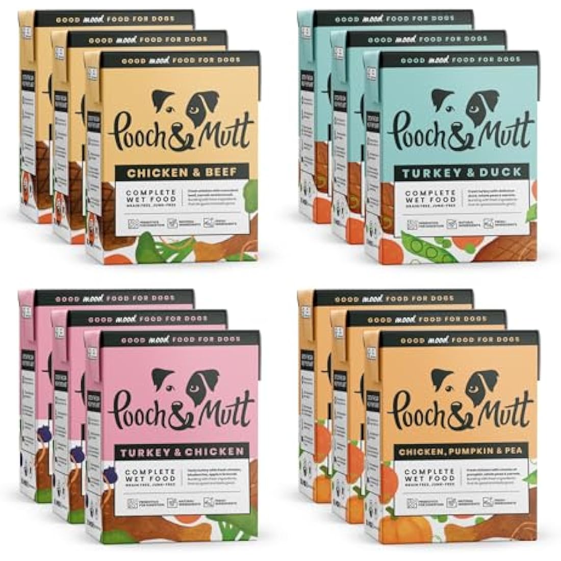 Pooch & Mutt - Variety Pack of Complete Wet Dog Food, Dry Dog Food Topper, 12x375g