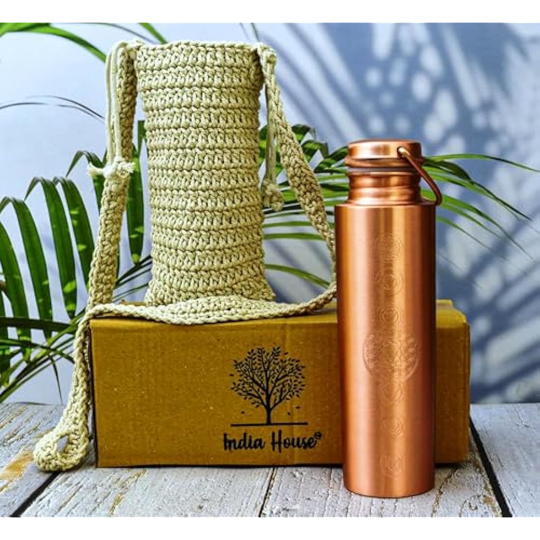 Copper Bottle 7 Chakra 100% Pure Copper and carry bag/Water Bottle/1000ml/Meditation/Gym/Yoga from India (Matt finishing)