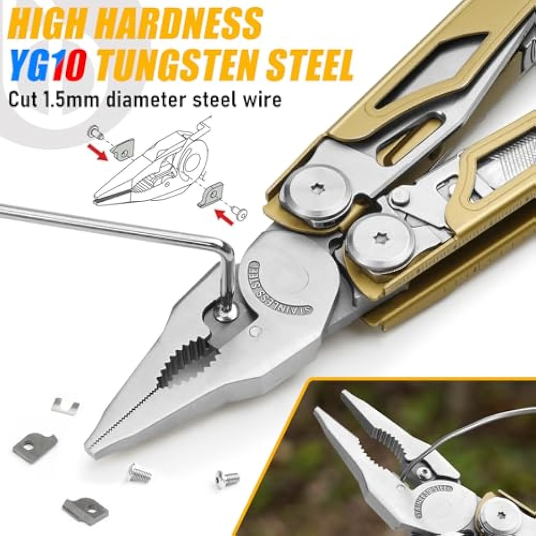 BIBURY Multitools, Multi Tool Foldable Pliers with Upgraded Scissors and Screwdriver Set, Stainless Steel Multitools, Ideal for Camping, Outdoor, Repairing -Gift for Dad Men -Titanium Plating Gold Pro