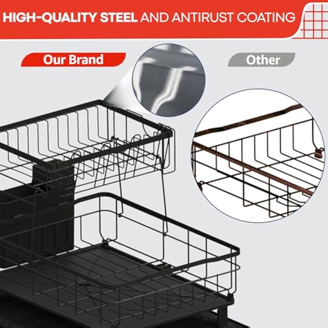 RebelEver Dish Drainer Rack - Draining Board Rack - Sink Drainer Rack - Plate Rack - Driying Rack Kitchen - Dish Drying Rack with Drainage Pipe to the Sink - Drying Mat included (2 Tier)
