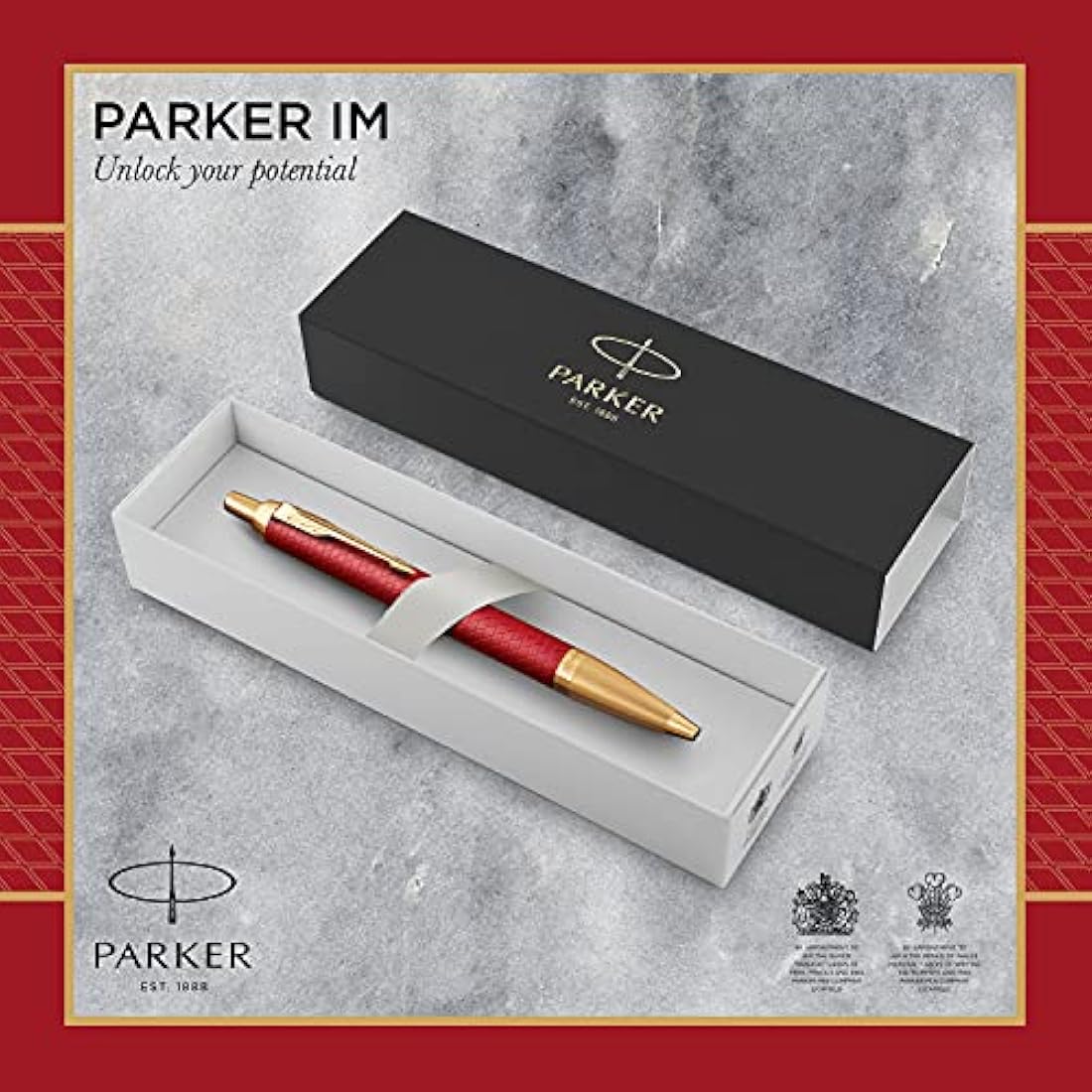 Parker IM Ballpoint Pen | Premium Red Lacquer with Gold Trim | Medium Point with Blue Ink Refill | Gift Box