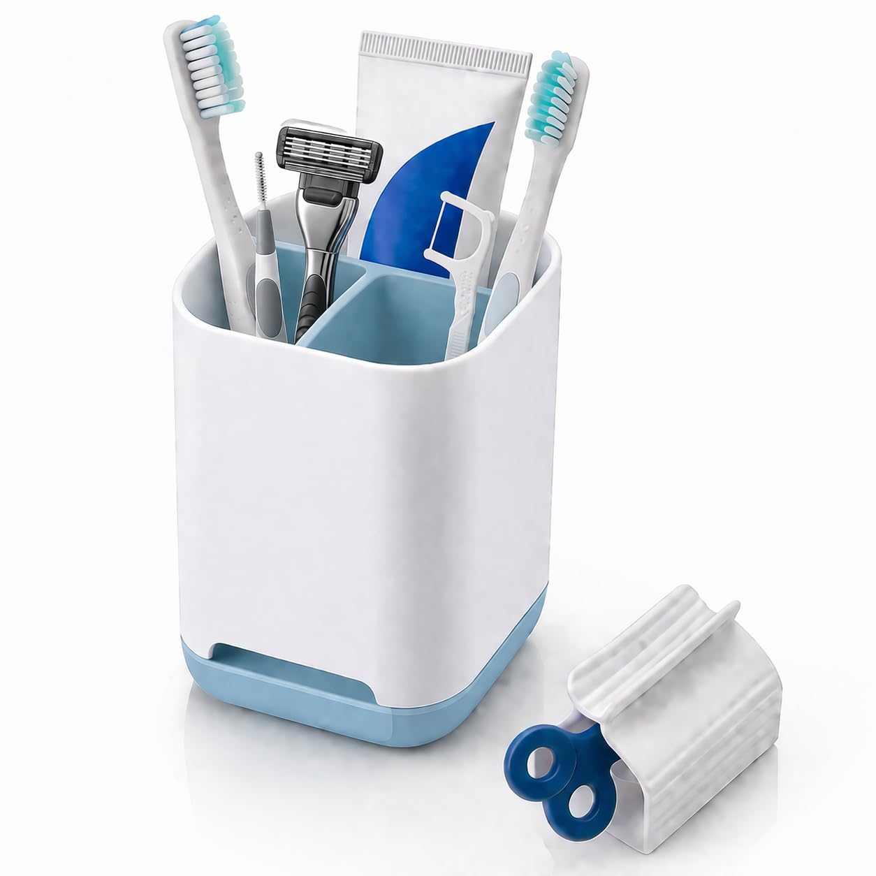 Gill Global Toothbrush Holder with Toothpaste Squeezer, 3 Slot Bathroom Organiser, Toothbrush Stand with Drainage, Bathroom Storage Cup