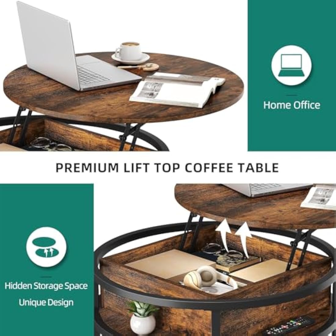 YITAHOME Round Lift Top Coffee Table, Coffee Tables for Living Room with Hidden Storage Compartment, Modern Coffee Table with Storage for Home Office,Round Center Tables Living Room (Brown)