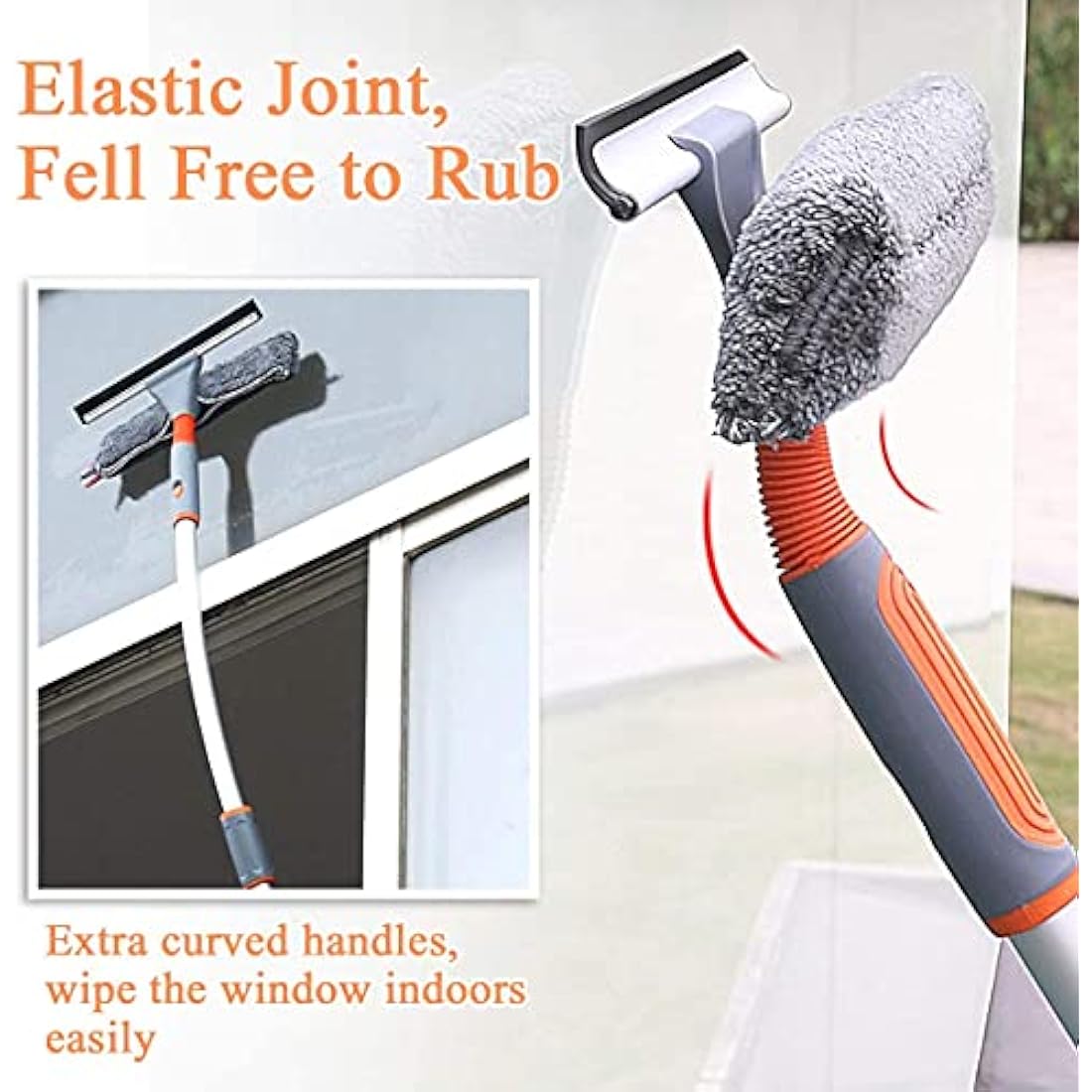 Baban Squeegee Window Cleaner 2 in 1 Window Cleaning Tool with Elbow and Straight Extension Pole, 61'' Telescopic Window Washing Equipment with Bendable Head for Car Indoor Outdoor High Windows (2 Pad