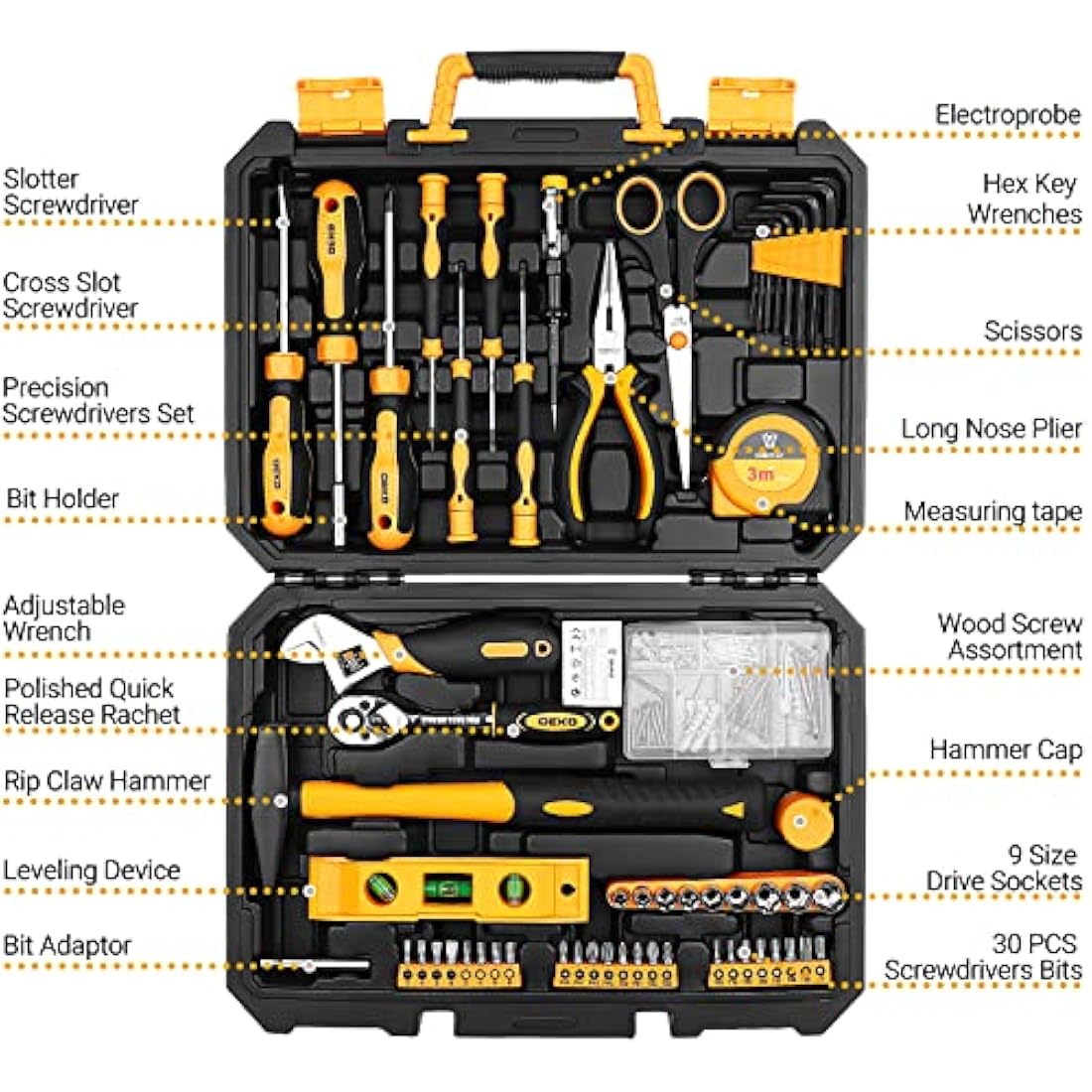 DEKOPRO 138 Piece Home Tool Kit, Universal Repair Tool Set with Plastic Tool Box Storage Case