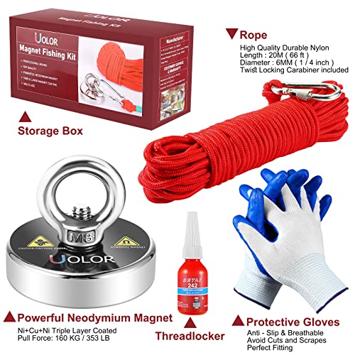 Uolor Magnet Fishing Kit – N35 Neodymium Eyebolt Fishing Magnet 160KG (353LB) Pull Force with 20M Rope, Gloves & Threadlocker for River Treasure Hunting & Salvage