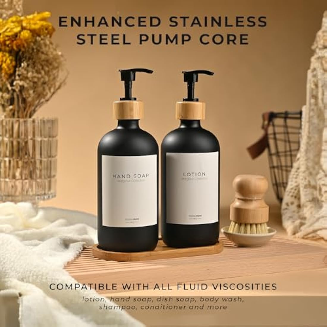 MaisoNovo Bathroom Soap and Lotion Dispenser Set of 3, 500ml Black Soap Dispenser Bamboo Pumps With Labels and Bamboo Tray