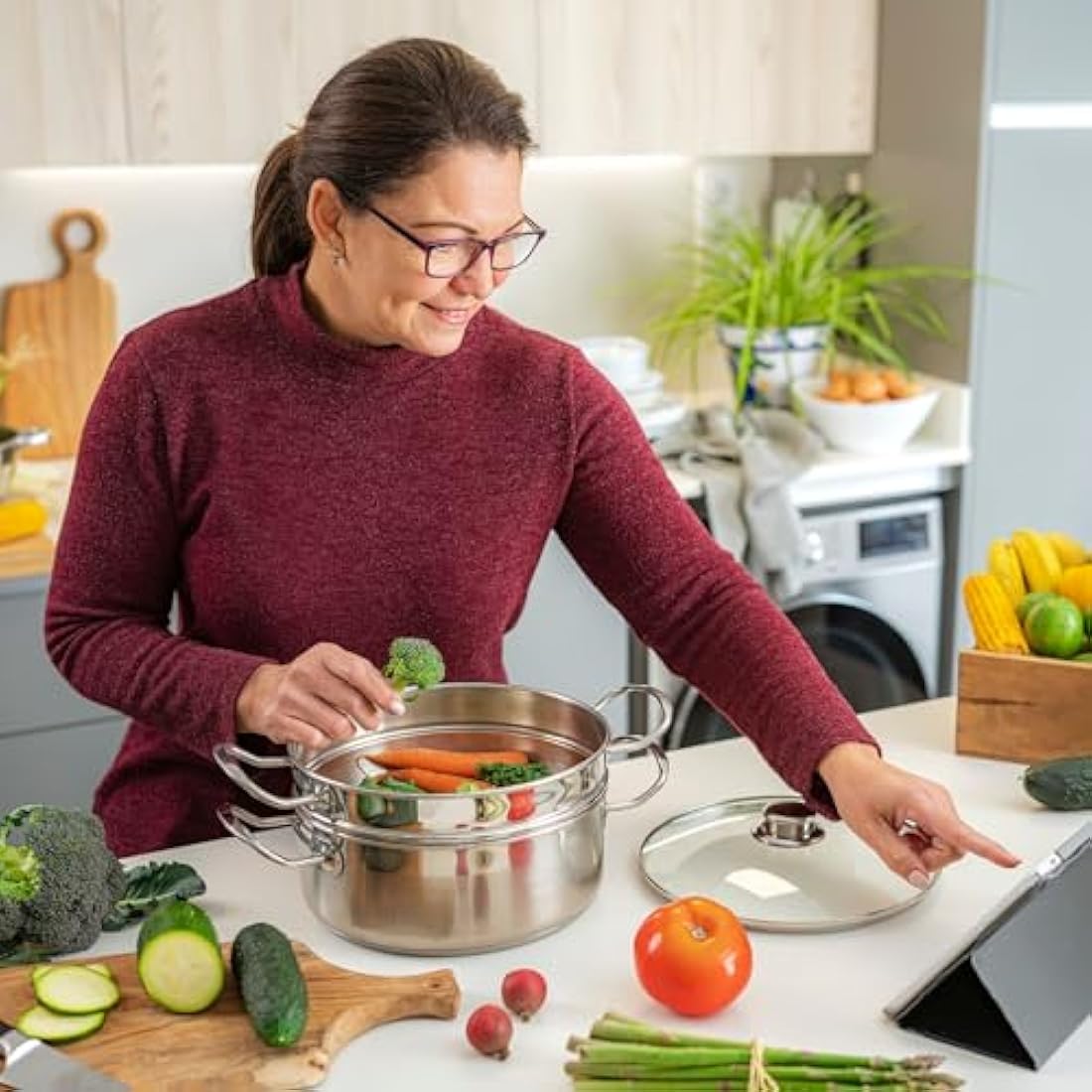 Penguin Home 3 Tier Stainless Steel Food Steamer Pan Set, Induction Safe Stainless Steel Lid with Knob, Sturdy Steel Handles, Kitchen Pan Steamer Set for Cooking, (20 Cm) Silver