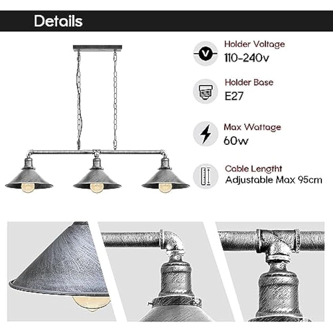 LEDSONE Industrial 3-Light Pendant Ceiling Light Brushed Silver Metal Adjustable Chain E27 Cone Shade Steampunk Hanging Fixture for Kitchen, Dining Room, Bar, Loft, Living Room