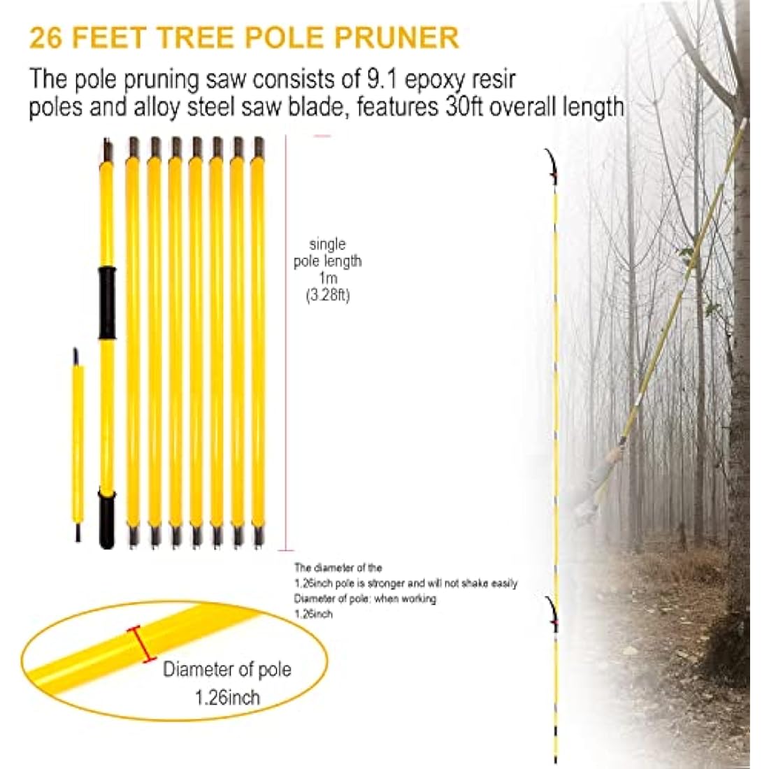 30 Feet Pruning Saw,Tree Pole Pruner with Adjustable Length, Durable Tree Trimmers, Manual Branches Trimmer for Garden Tools Loppers Hand Pole Saws Extendable Height and Storage Pocket