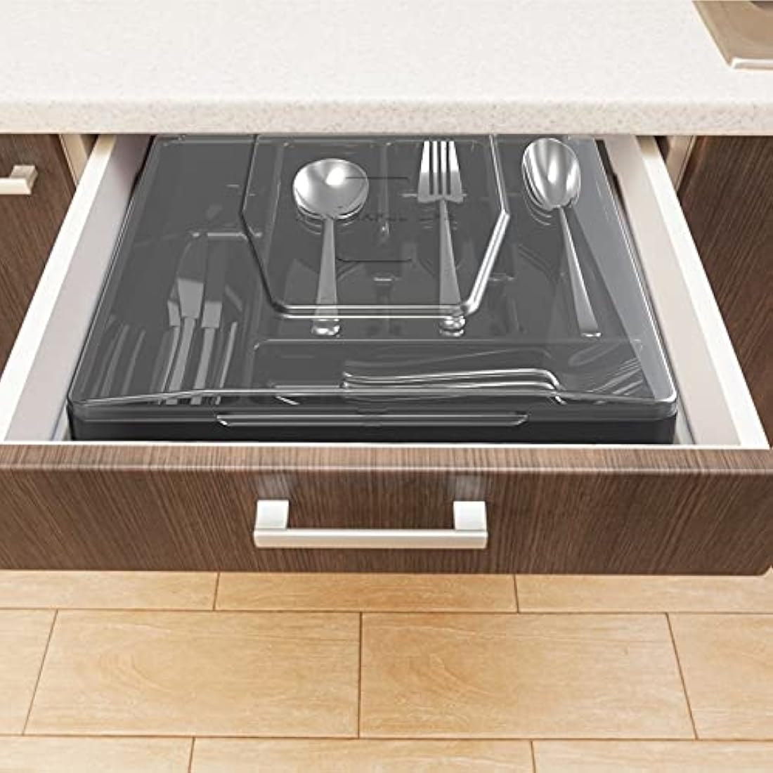 WURDON Double Layer Flatware Organizer with Lid, Cutlery Tray for Countertop Silverware Tray for Kitchen Drawers with 2 Tier Utensil Holder and 9 Compartments Silverware Storage Bin (Black)
