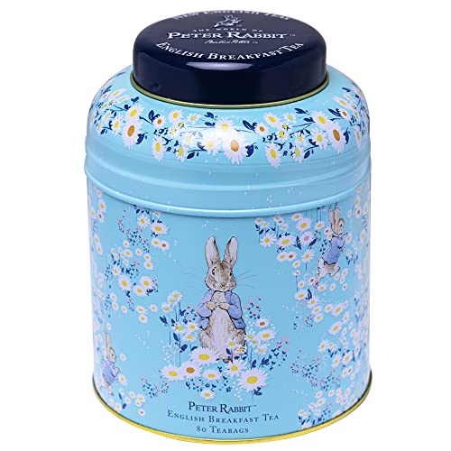 New English Teas Peter Rabbit Tea Caddy with 240 English Breakfast Tea Bags in Blue, Beatrix Potter