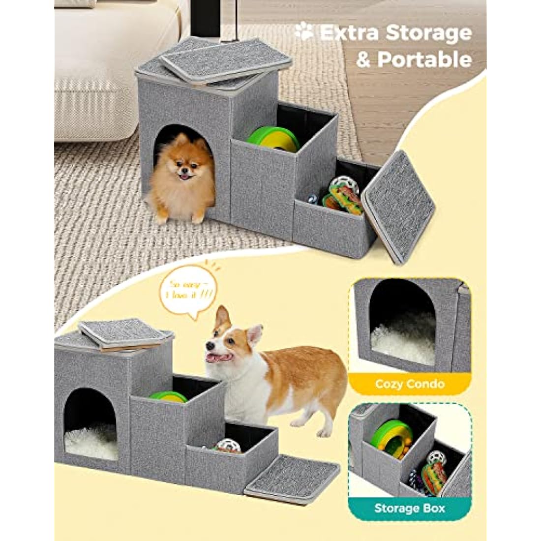 PETEPELA Dog Steps for Bed, 3 Steps for Dog Step for Sofa with Storage for Small Dogs for Bed, Foldable Pet Stairs for Couch and High Bed Hold up to 30KG, Wood Grey