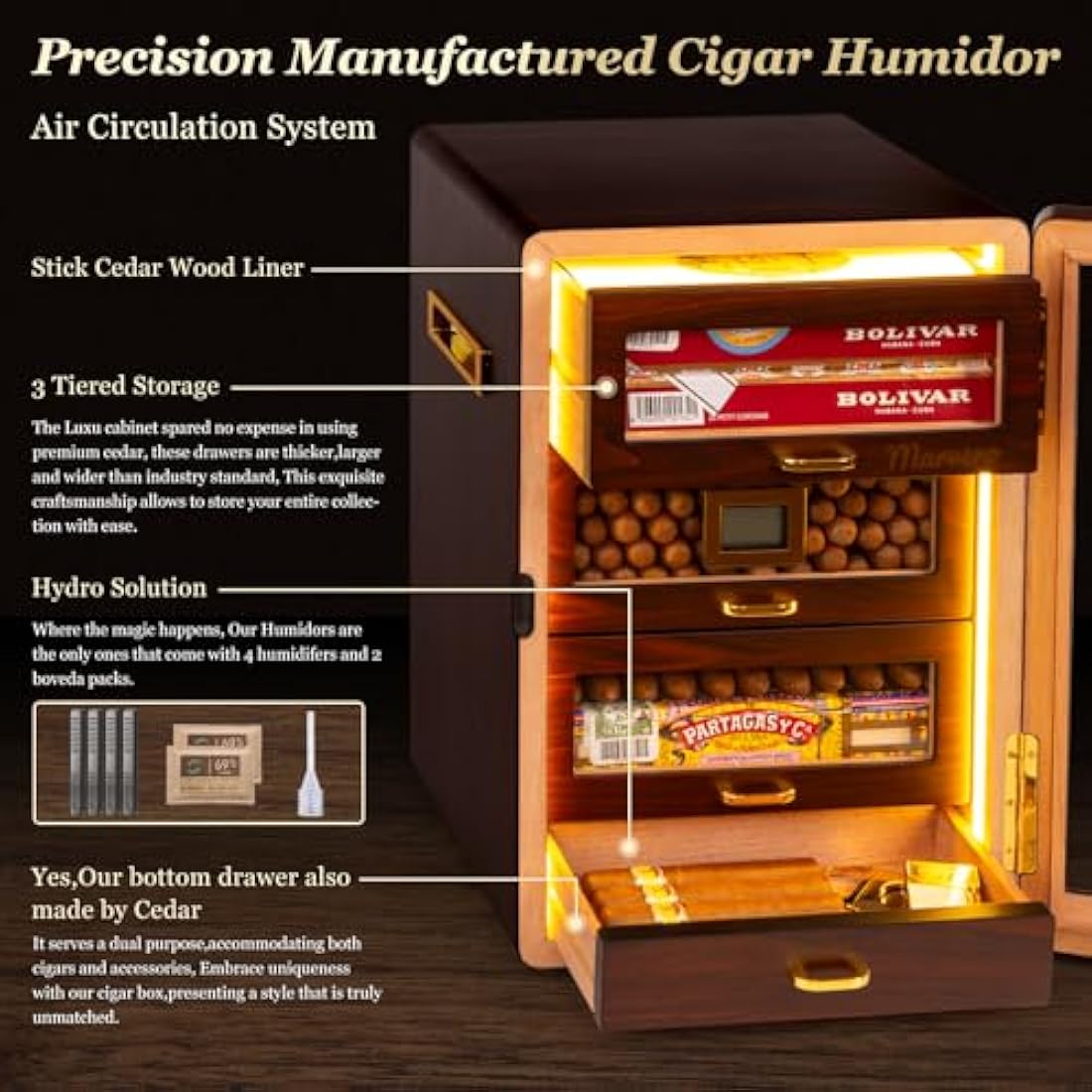 Desktop Humidor Cabinet Triple-Sided Light with Digital Hygrometer, Humidifier and Humidity Packs. 4 Ceder Wood Drawers, Humidor Box can Hold 200 Cigars. Present for Men